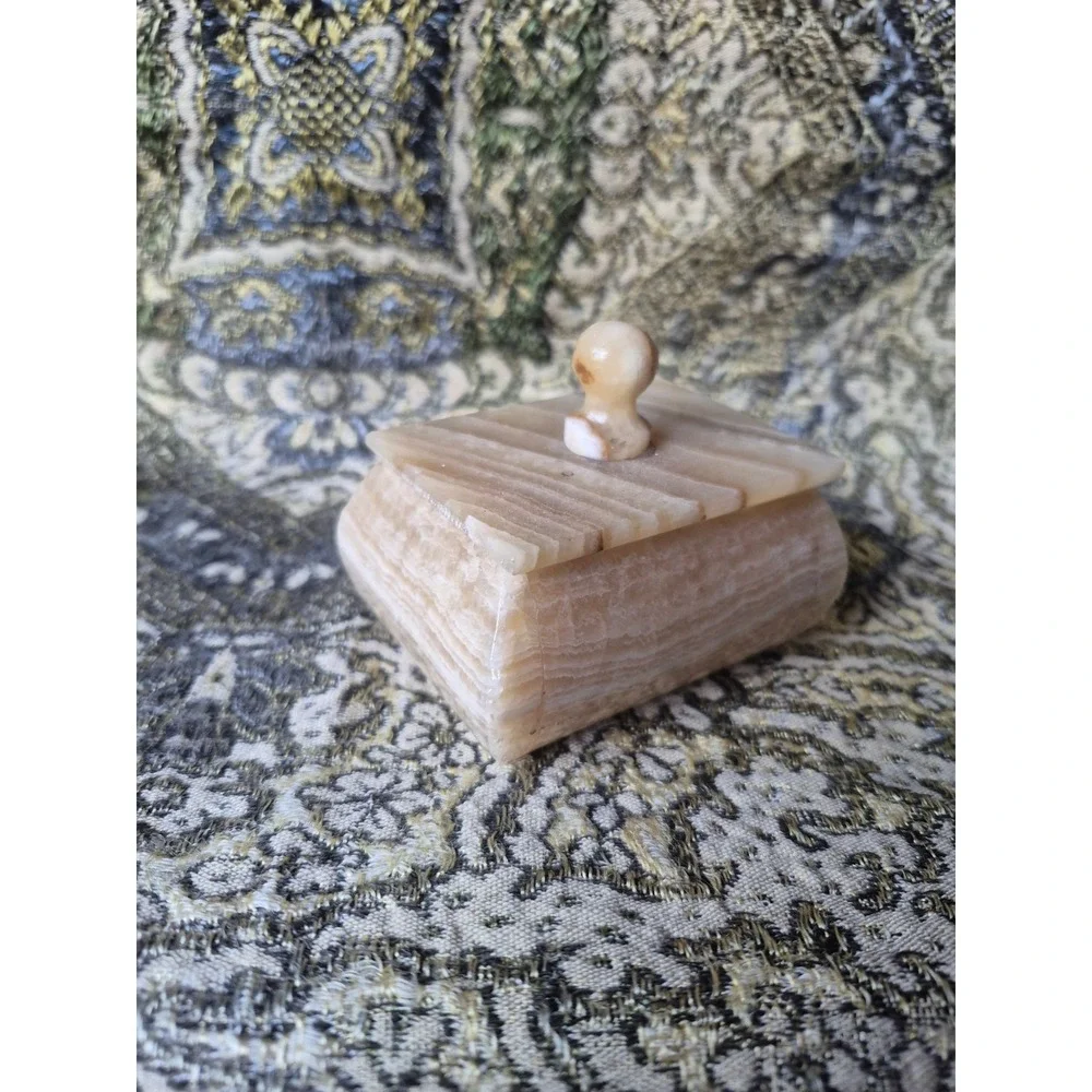 Vintage Onyx Trinket Box‎ Small Stone Jewelry Ring Holder Lidded Natural Decor